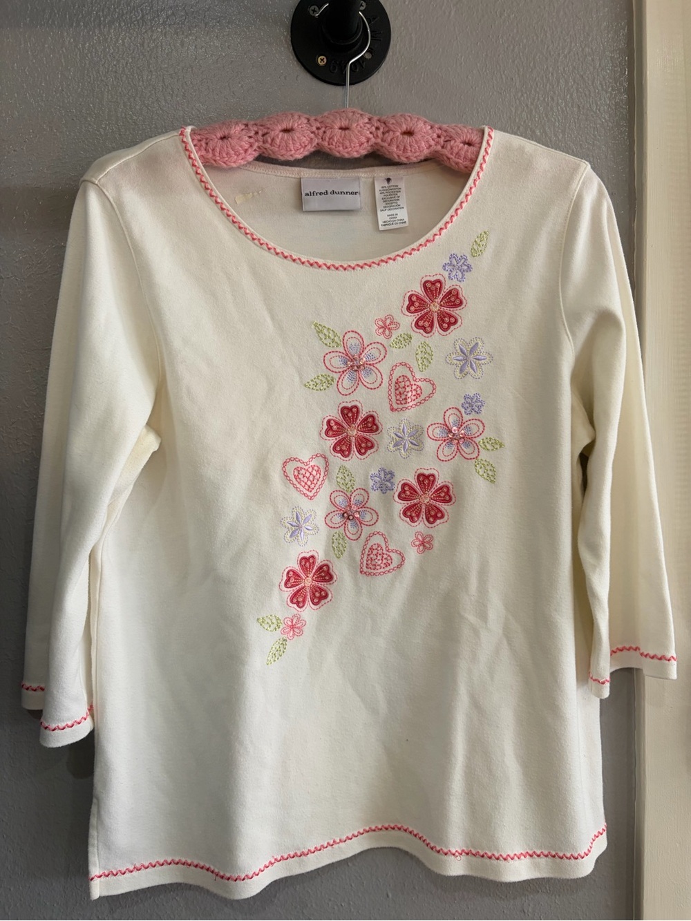 Alfred Dunner Cream Long-Sleeve Top with Pink Floral Embroidery